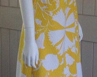 vintage 1970's Long Evening Dress , in Yellow and white Brocade print , Cotton Fabric.
