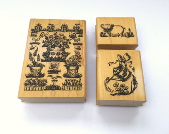 Set of 3 Gardening Themed Wooden Mounted Rubber Stamps, Rubber Stamps, Wooden Stamps, Embossing Stamps, Wooden Stamp Sets, Rubber Stamping