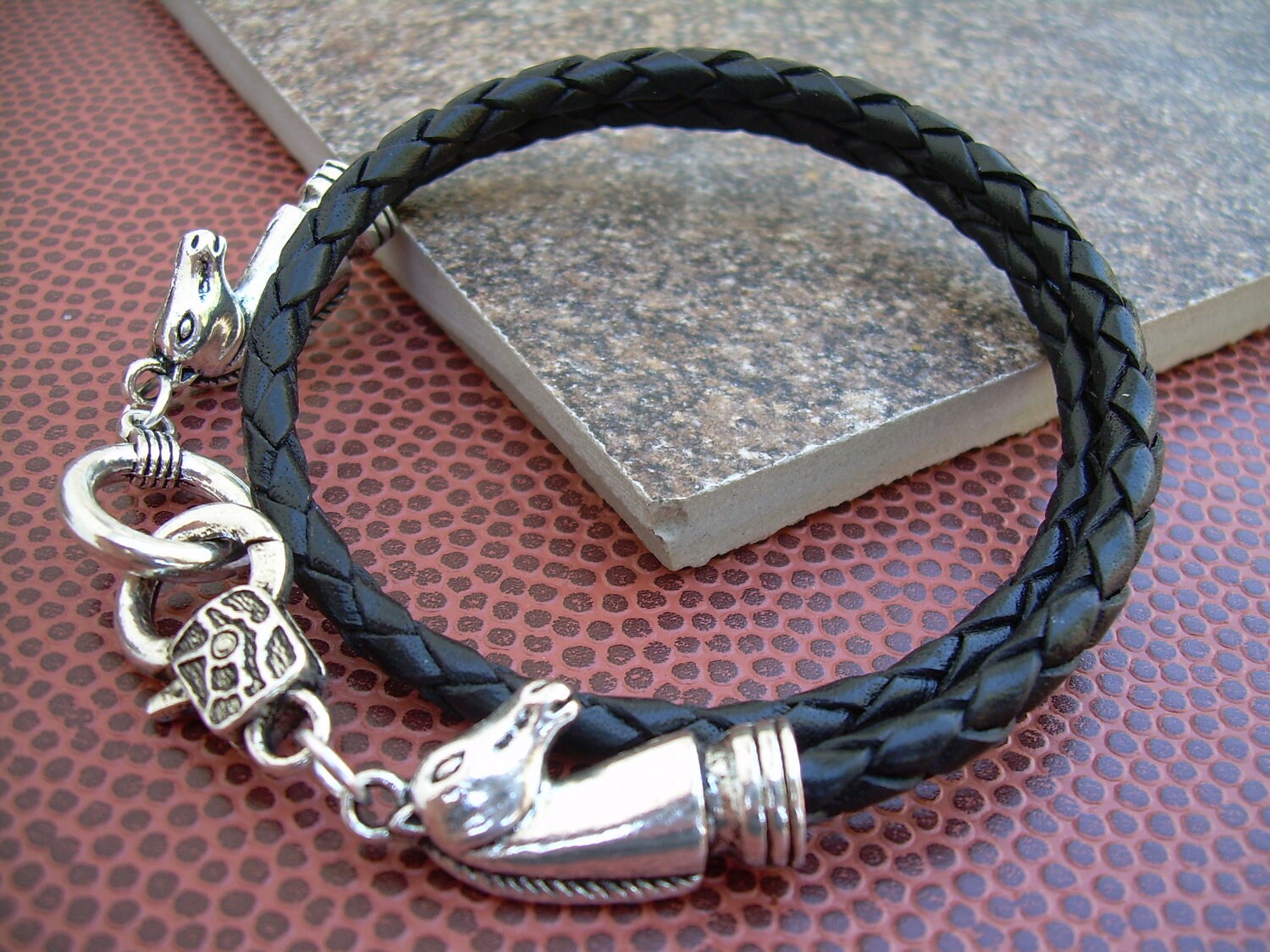 Horse Head Leather Bracelet Double Wrap Black Braided