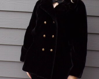 black FAUX FUR COAT double breasted peacoat S M