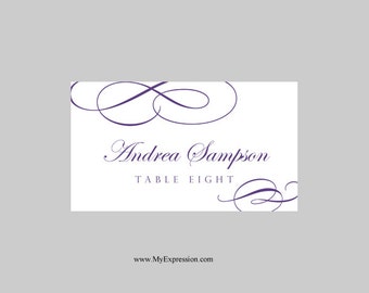 Wedding Place Cards Template – Calligraphic Flourish (Purple) - Instant Download - Editable MS Word File