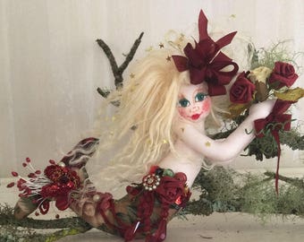 OOAK Mermaid Art Doll Soft Sculpture Cloth Mermaid Doll Garnet Rose