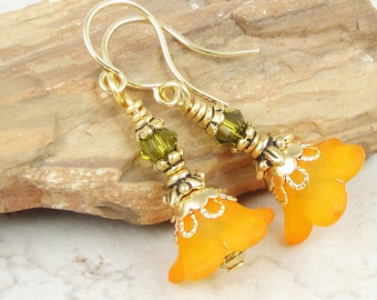 DIY KIT Orange Flower Gold Earrings Kit Do It Yourself Jewelry Project - "Lantana" Autumn Jewelry Frosted Lucite Flower Earring Kit