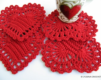 Crochet Housewarming gift Red heart coasters Crochet hearts Crochet coasters Set of 4 Crochet home decor Handmade coasters Crochet gift idea