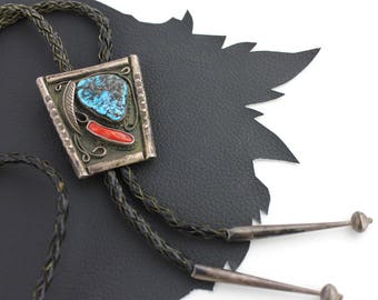 Turquoise Coral and Silver Western Bolo Tie on Black Leather Cord
