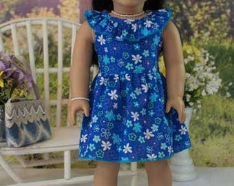 18 Inch Doll DRESS in Blue Floral with Ruffle Collar Necklace Bracelet Headband and SANDALS Option for dolls like American Girl