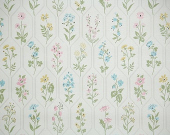 1940s Vintage Wallpaper by the Yard - Pink Blue and Yellow Spring Flowers, Floral Wallpaper