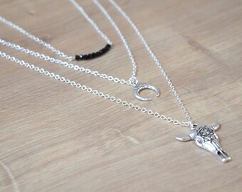 Skull necklace silver multi strand