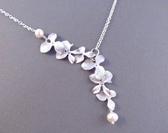 Bridesmaid Necklace, Silver Orchid Flowers with Freshwater Pearls, Bridal, Wedding Jewelry, Lariat Style Necklace