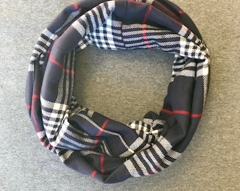 Navy and Red Plaid Flannel Infinity Scarf