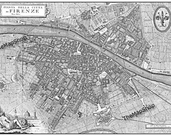 Florence Italy Street Map Black and White Vintage