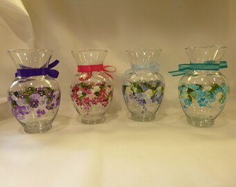 Hand Painted Glass Vase Purple Lavender Pink Fushia Blue Turquoise Hydrangeas Daisies