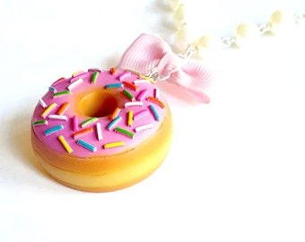 Donut Necklace, Large Doughnut Pendant Necklace, Kawaii Necklace, Polymer Clay Miniature Food Jewelry