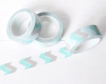 Aqua and Gray Chevron Washi Tape. 15mm x 10m. Zig Zag Washi Tape. Geometric Washi Tape. Masking Tape. Craft Tape.
