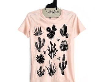 SALE Fitted XL - Peach Fitted Crew Neck Slub Tee with Cactus Screen Print-