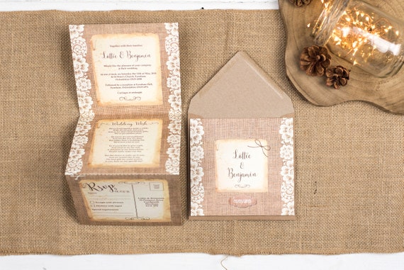 Rustic Wedding Invitation - Double-Folded Burlap And Lace (portrait)