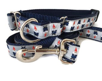Dog Collar and Leash, Gnomes, 1 inch wide, 6ft, adjustable, quick release, metal buckle, chain, martingale, hybrid, nylon