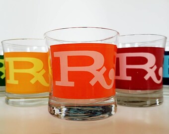 7 Mid Century Rocks Glasses, Vintage, RX, Pharmacy, Drugs