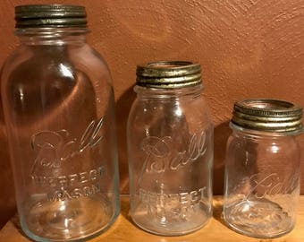 Vintage 3 Piece Ball Perfect Mason Canning Jar Set Half Gallon Quart Pint 1923-1933 Canister Set Storage Collectible