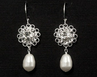Crystal Pearl Bridal Earrings, Rhinestone Drop Earrings, Pearl Bridal Jewelry, Wedding Jewelry -- BRIGITTE