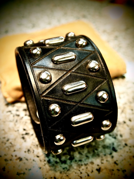 Leather cuff Bracelet Custom Made Black wristband Studded Harlequin diamonds Made for YOU in USA by Freddie Matara