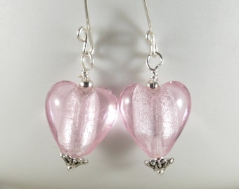 Pink Heart earrings, Heart earrings, Lampwork earrings, Lampwork heart earrings, Glass heart earrings, Valentine earrings, Item 129