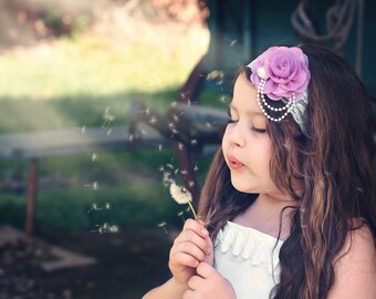 Violet Rose Headband, Flower Girl Headband, Violet Bridal Headband, White Lace Headband, Wedding Headband, Violet Wedding, Violet Photo Prop