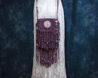 Boho Fringe Purse Suede Leather Fringe Bag Gypsy Hippie Fringe Small Plum Suede Crossbody Bag Cell Phone Purse Pursuation InFaith Handmade