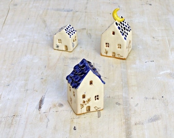 tiny ceramic houses set with moon and birds/blue and white ceramic house for garden and terrarium/ miniature home decor