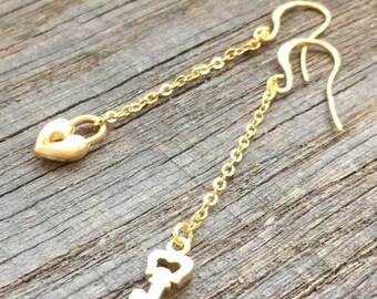 Earrings plated gold lock and key