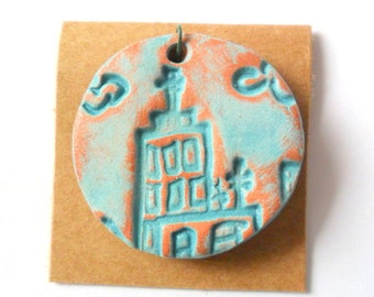 The City Pendant Finding, Distressed Turquoise Glazed Terra Cotta Kiln Fired Clay