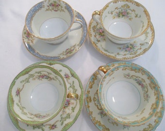 Vintage Mismatched China Cups & Saucers for Tea Party, Wedding, Ladies Lunch, Bridal Luncheons, Showers, Bridesmaid Gift - Set of 4