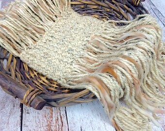Newborn Photo Prop, Handknit Fringe Mini Blanket Basket Stuffer in Oatmeal & Caramel Colors