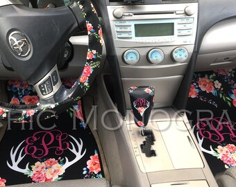 Floral Deer Antler With Flowers Car Accessories Floral Deer Skull Monogram Custom Cow Skull Animal Skull Flowers Antlers Custom Car Set