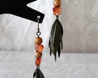 Orange butterflies with 6.5 cm bronze leaves earrings
