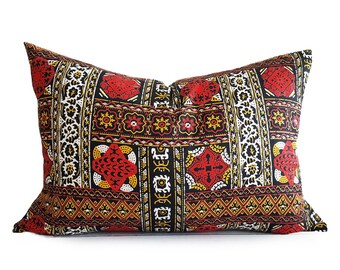 Moroccan Pillow, Bohemian Pillow Covers, Moroccan Cushions, Lumbar, Boho Pillows, 14x20, Red Black Pillow, Zipper, PillowThrowDecor