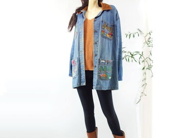 Vintage Chore Jacket Denim Chore Coat Vintage Work Jacket Barn Jacket Embroidered Denim 1980s Vintage Corduroy Collar Denim Work Wear M, L
