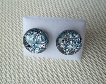 Dichroic Glass Stud Earrings Surgical Steel Hypoallergenic Handmade Silver and Blue