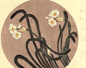 Japanese antique woodblock print, Ito Jakuchu, "Narcissus, from Jakuchu gafu"