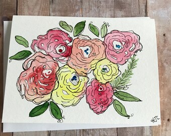Watercolor Flower Card, Homemade Flower Card, Hand Painted Flower Card