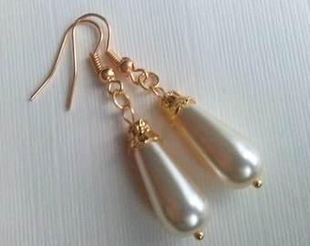 Pearl Teardrop Earrings , Pearl Earrings , Victorian Gold Earrings , Cream Glass Pearl Earrings , Cream Earrings , Handmade Jewelry