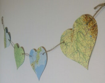 Map Paper Bunting | Medium Heart Bunting l Vintage Map Garland | Travel Theme Decor | Housewarming | Party Decoration l Shabby Chic