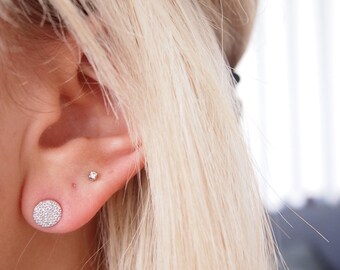 Round Silver earrings 925 - sterling silver posts studs and CZ - sterling silver ear cuff