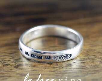 Sterling Silver Ring, Inspirational Ring, Be Free, Feather Ring Band, Boho Jewelry, Hand Stamped Ring,Personalized Ring,Personalized Jewelry