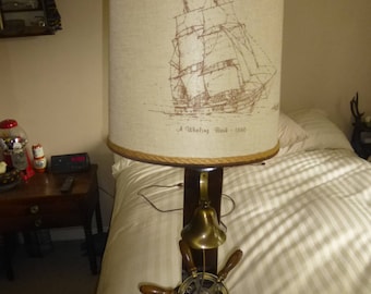 Nautical Lamp - Ships wheel and bell on wood and rope base with Whaling Bark shade.