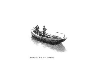 Boat with men- CLING rubber stamp by Cherry Pie D159