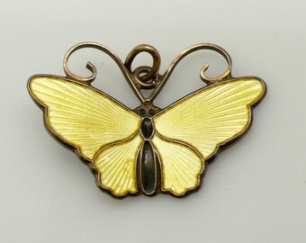 Vintage Sterling Silver David Andersen Norway Enamel Bright Yellow Butterfly Pendant