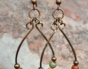 Boho Hoop Earrings Boho Jewelry Natural Stone Earrings Boho Chic Jewelry Hammered Copper Earrings Copper Jewelry Colorful Hoop Earrings