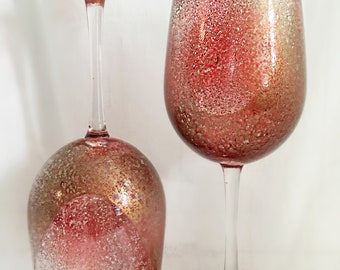 Hand Painted Water Speckled Red and Gold Tall Stemmed Wine Glass - Red Carpet