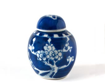 Chinese Miniature Ginger Jar, Chinese Porcelain Blue & White Prunus Blossom, Double Ring Kangxi Mark, Mini Ginger Jar w/ Lid, Chinese Vase